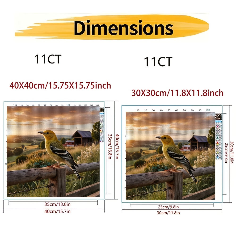 Cross Stitch Kit, Yellow Bird on Fence at Sunset