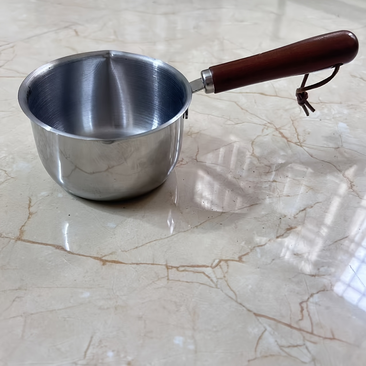 TEMU 300ml Thickened Stainless Steel Oil Pot Saucepan, Wooden Anti-scald Handle With Scale And Double Spout Small Pot, Home Cooking Pot