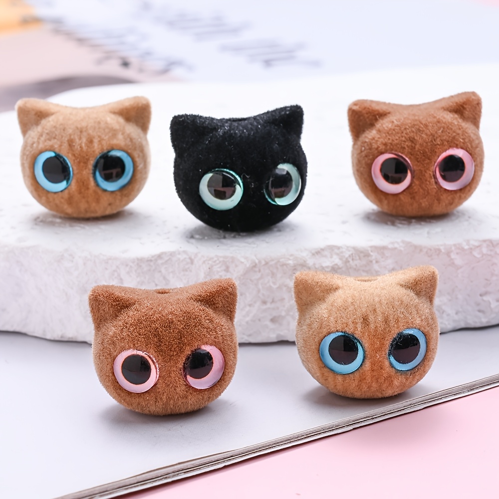 Image of 5pcs Of Mixed Color Flocked Small Cat Acrylic Beads With Colorful Eyes, Loose Spacer Beads For Jewelry Making, And Necklace Supplies