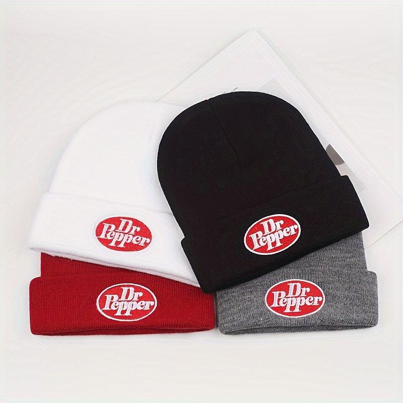 

Dr Pepper Embroidered Acrylic Skullies & Beanies - Unisex Winter Hip-hop With High Stretch, Warm Ear Protection, Casual Alphabet Pattern (pack Of 1)