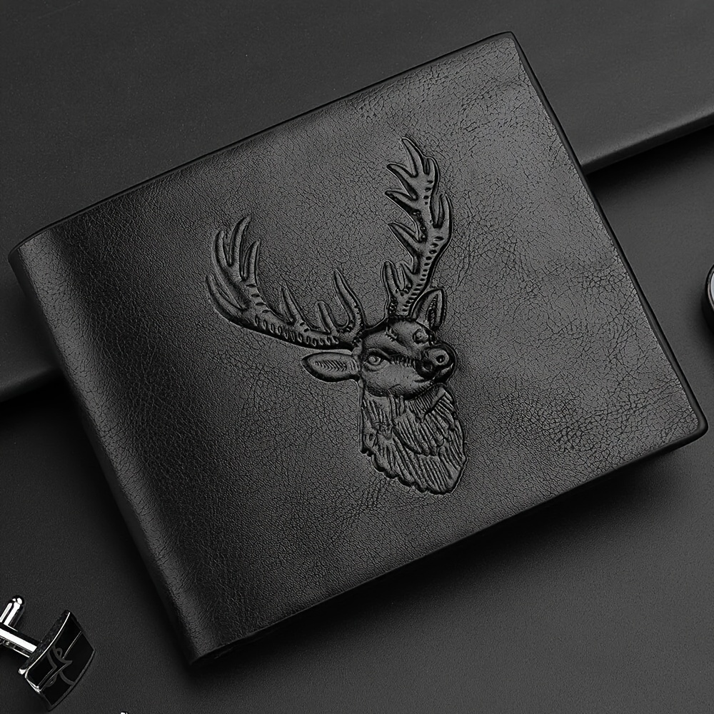 

1pc Christmas Deer Head 3d Embossed Pattern Classic Wallet, Men's Business Pu Leather Wallet For Christmas Gift