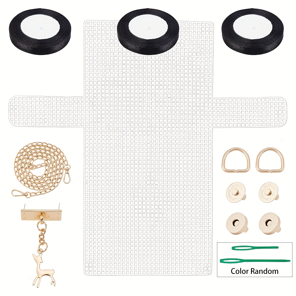 Image of Random Box 14pcs Diy Knitting Crochet Bags Making Set With Chiffon Ribbons, Alloy Curb Chain, Magnetic Buckles, D-rings & Deer Charm, Plastic Needles & Mesh Mixed Color, Diy Wallet Making