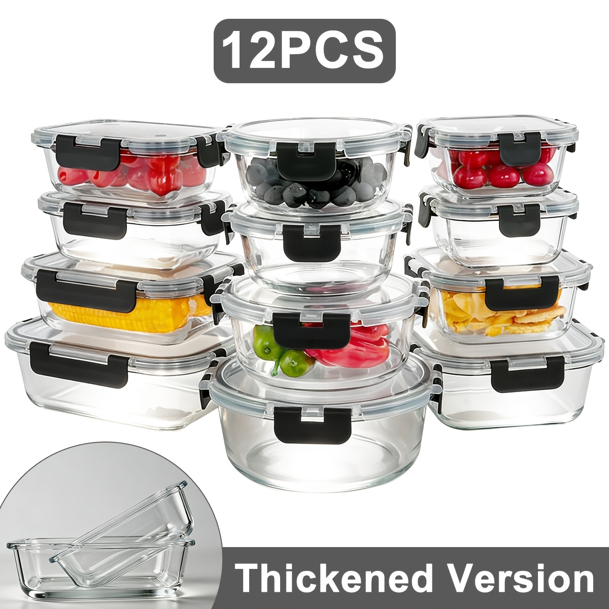 TEMU 12pcs Thickened Glass Food Storage Containers With Lids Meal Prep Pantry Kitchen Storage Containers For Lunch Leak-proof Airtight Glass Lunch