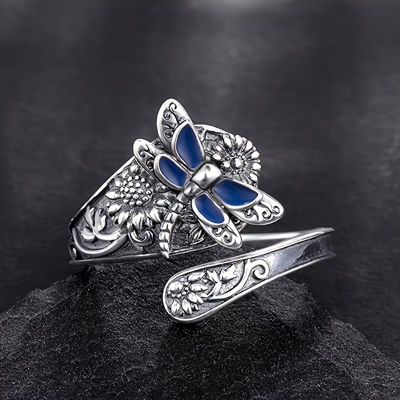 Image of 1pc Ring Vintage Bohemian Dragonfly And Sunflower Design Inlaid Synthetic Turquoise Winding Finger Ring Nickel-free Electroplated Copper Material Exquisite Jewelry Suitable For Daily And Holiday Wear