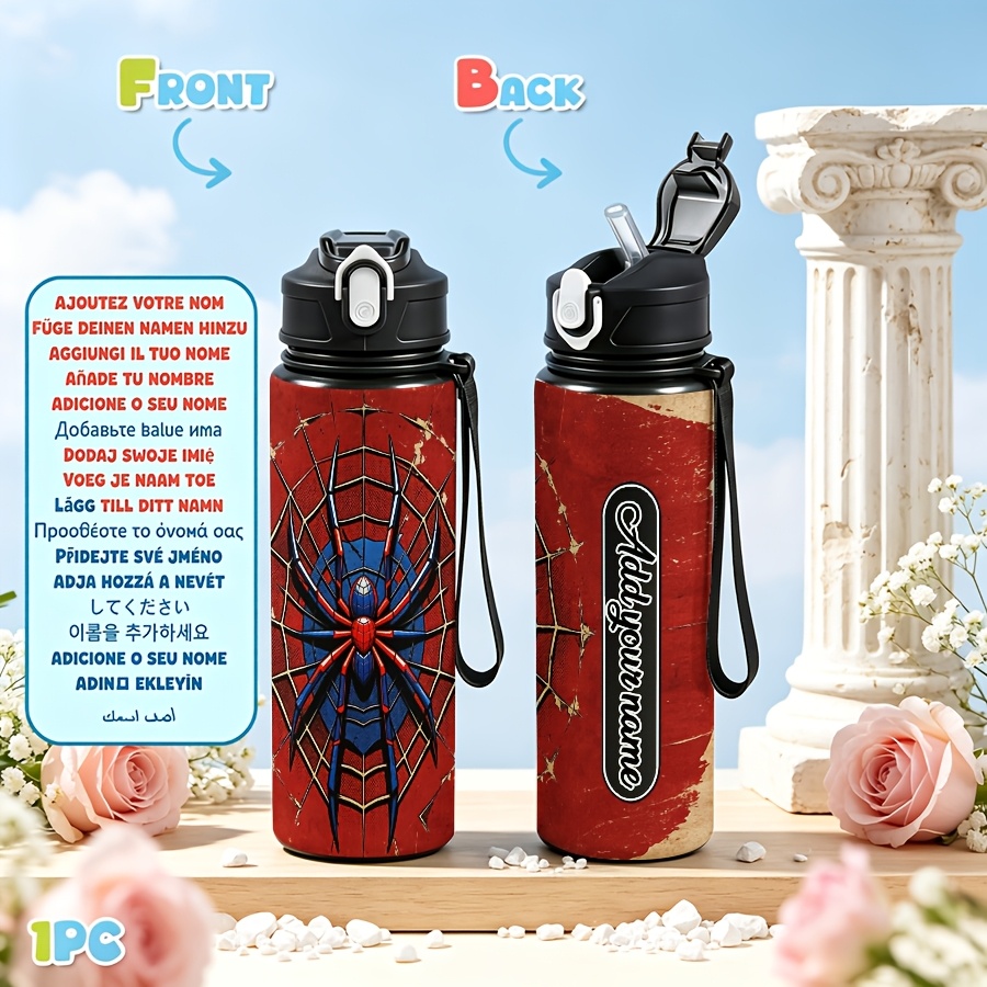 TEMU Custom Personalized Photo Image And Name Text Water Bottle 1pc 750ml 25oz Leakproof Sports Water Bottle Cup A In Red And Blue Sits Of A Webbed,
