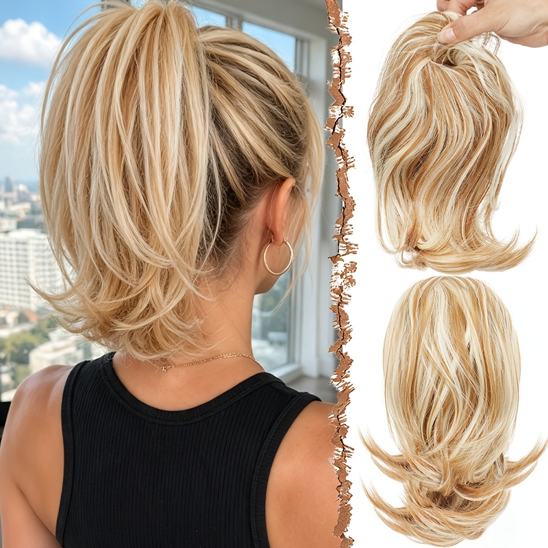 TEMU Extension de queue de cheval courte à avec sirène et mèches, cheveux synthétiques pour femmes, ajoute un volume instantané, idéal pour , les