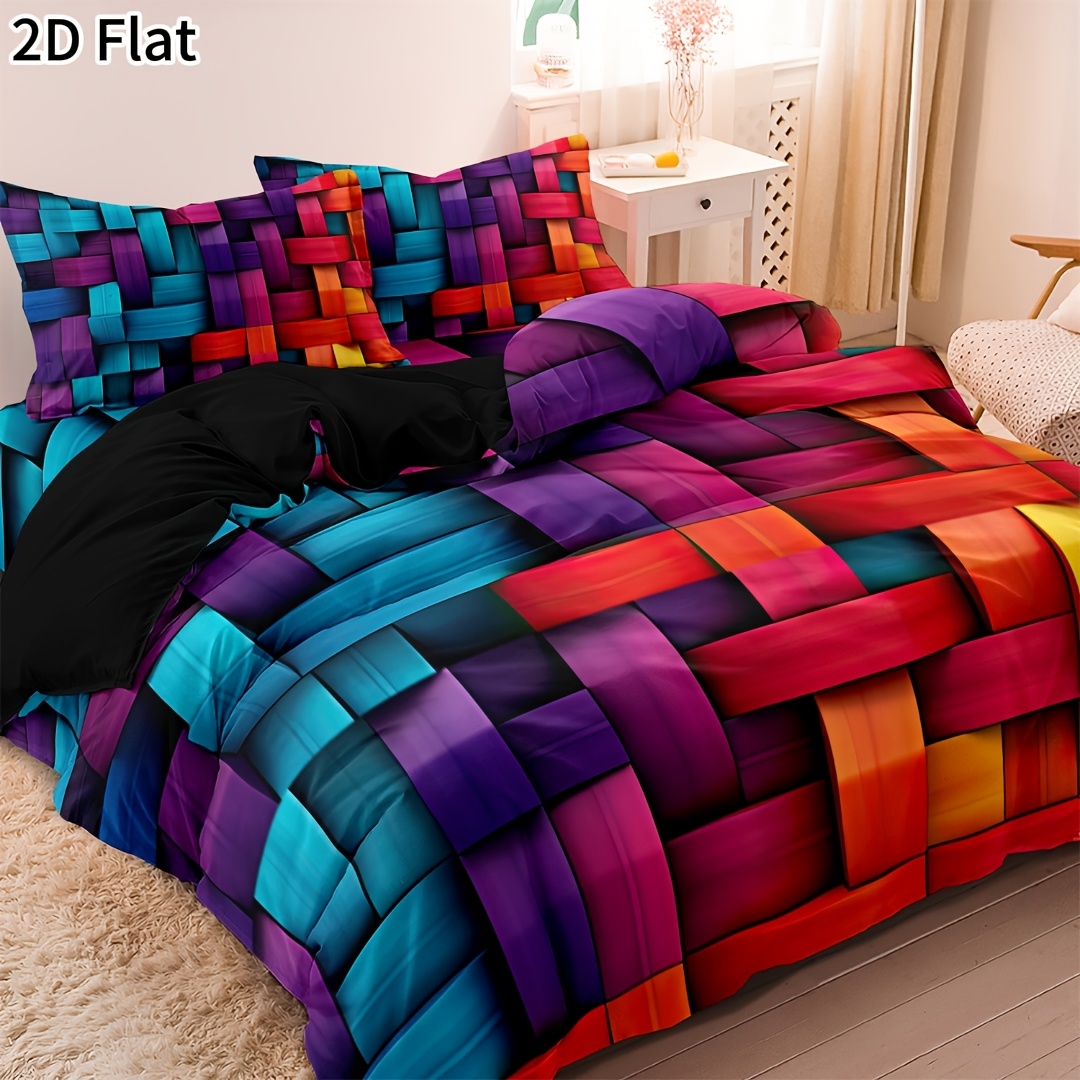 TEMU 3pcs 2d Flat Vibrant Geometric Grid Quilt Duvet Cover Bedding - Includes 1 Duvet Cover And 2 Pillowcases, , Colorful Design, Use, Machine