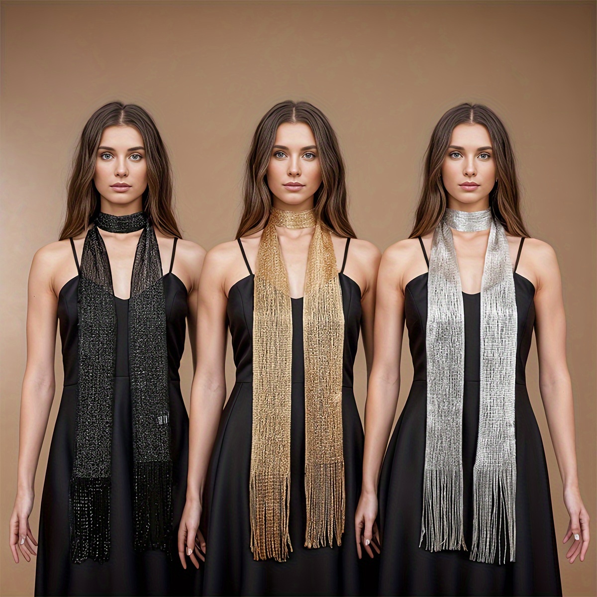 

3pcs Elegant Long Scarves In Golden, Silvery, And Black, Sparkling Metallic Mesh Style Neck Scarf, Stylish Inelastic Neck Wrap For Formal Events