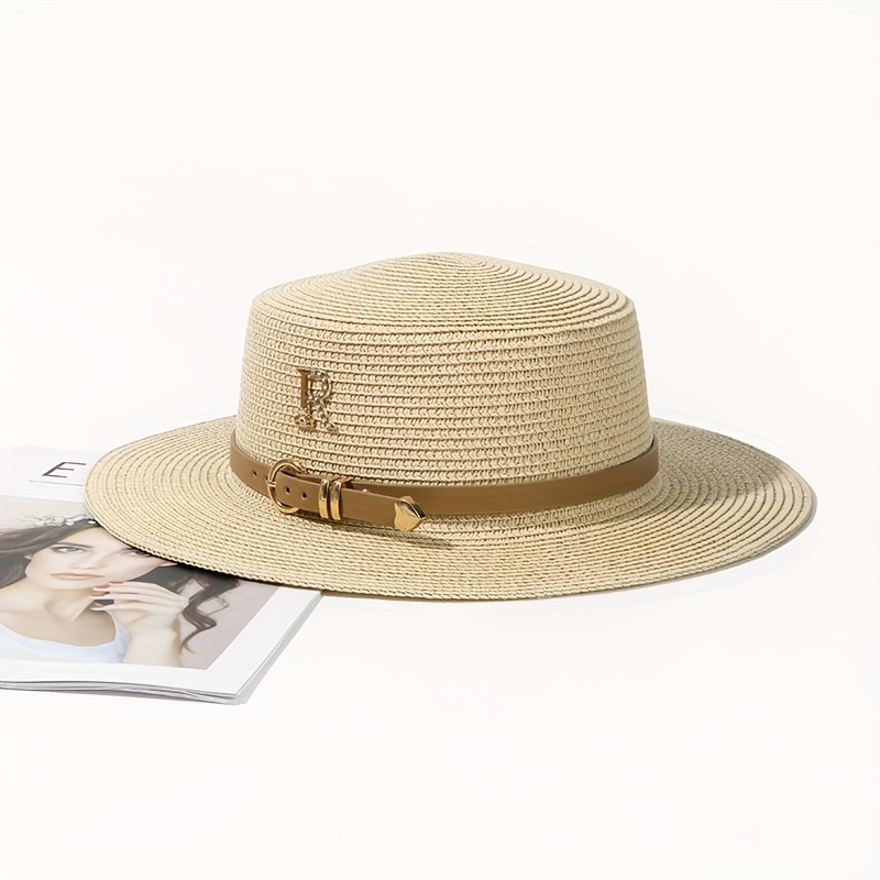 Classic Belt Decor Sun Hat Trendy British Style Flat Brim - Temu