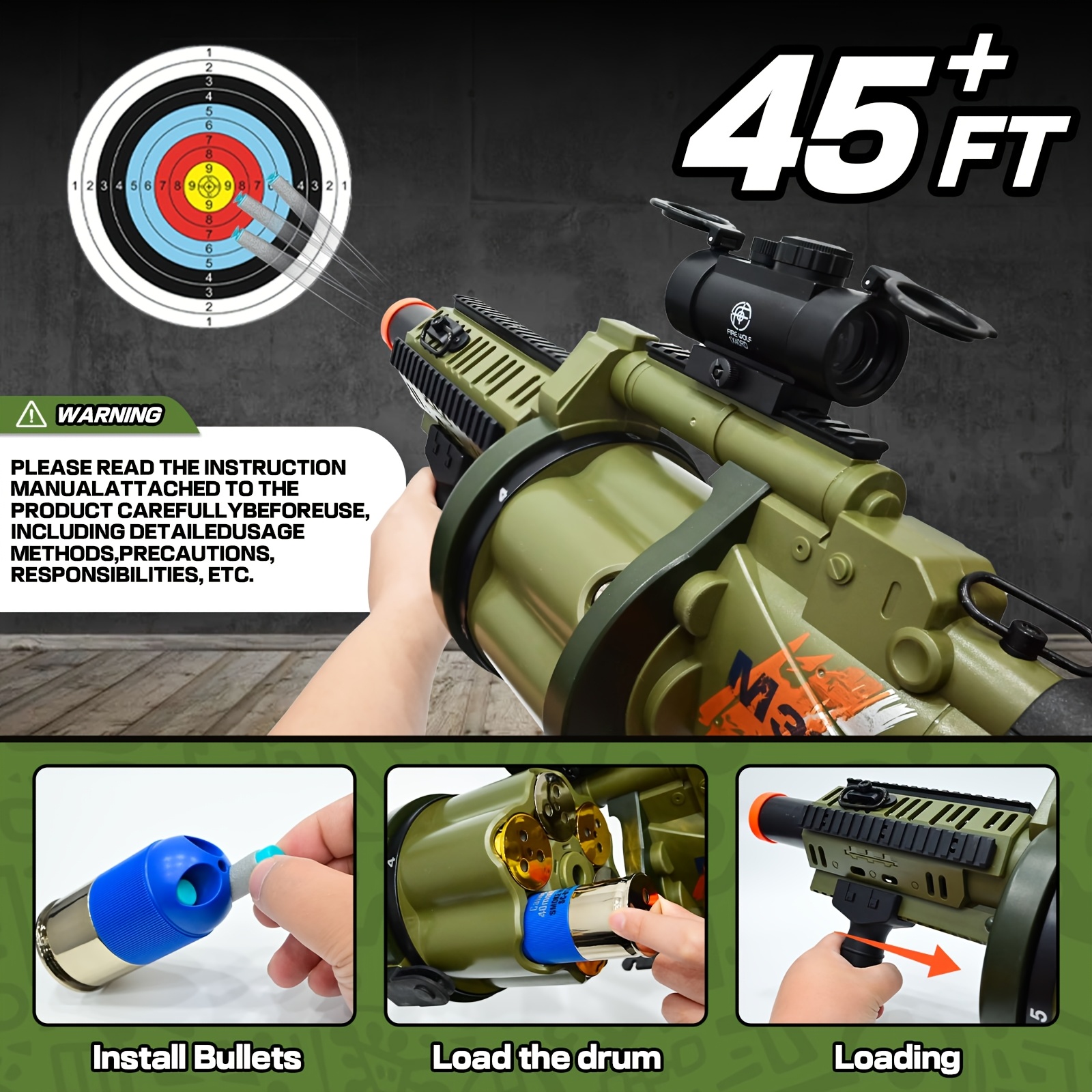 Shell-Ejecting Foam Blaster Gun Toy with 6x3 Soft Rounds & Grenade Launcher - Large Magazine, Non-Electric Design, Durable Outdoor Toy for Kids - Ideal Birthday Gift (Gray/Green/Yellow), Blaster Toy Gun, Action Play, Textured Grip, Sturdy Build, Fun Activity