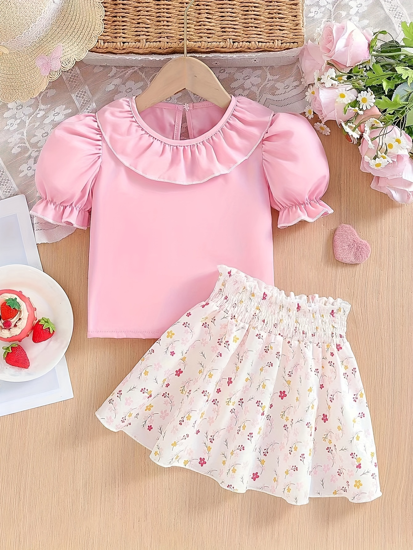 2pcs Baby Girl Solid Puff-sleeve Crop Top and Allover Floral Print Tiered Cami Dress Set