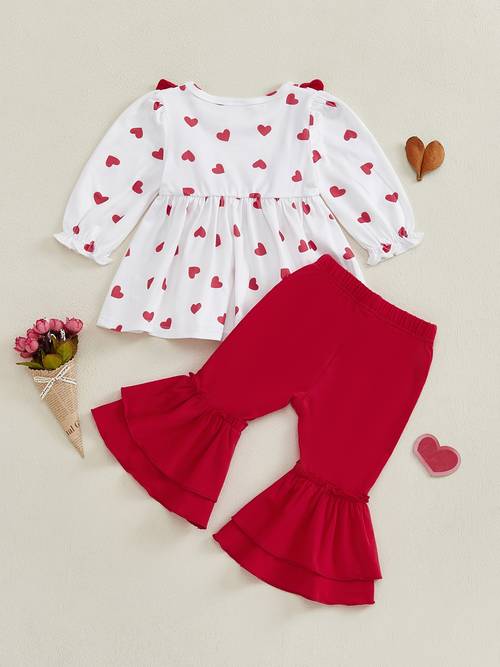 toddler girl valentines day outfits bow print crew neck long sleeve ruffles flare pants 2pcs clothes set for outdoor