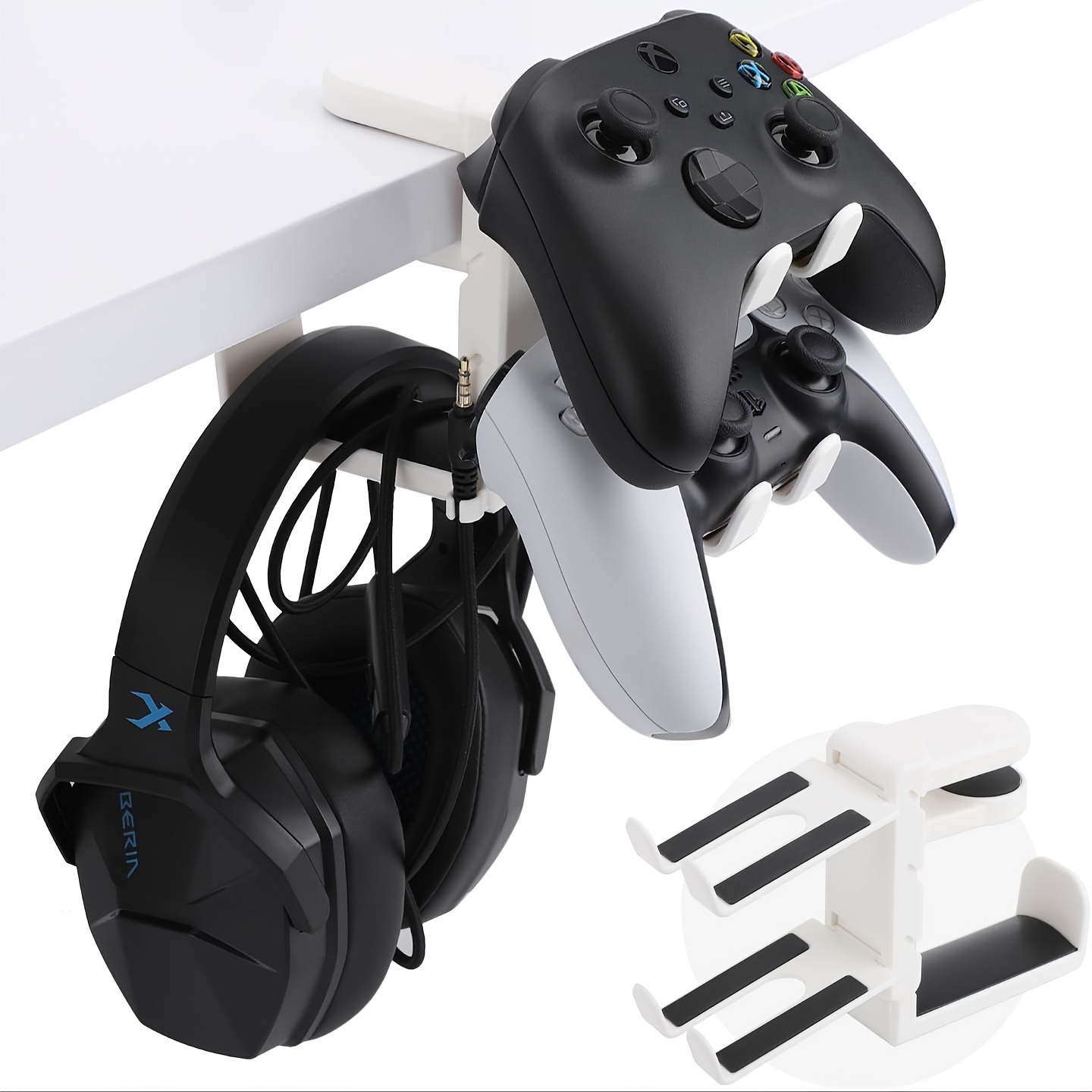 

Under-desk Gaming Headset And Controller Holder, Abs Material, 360° Adjustable Rotating Headphone Hanger With Controller Mount, Cable Clip Organizer For Gaming Accessories