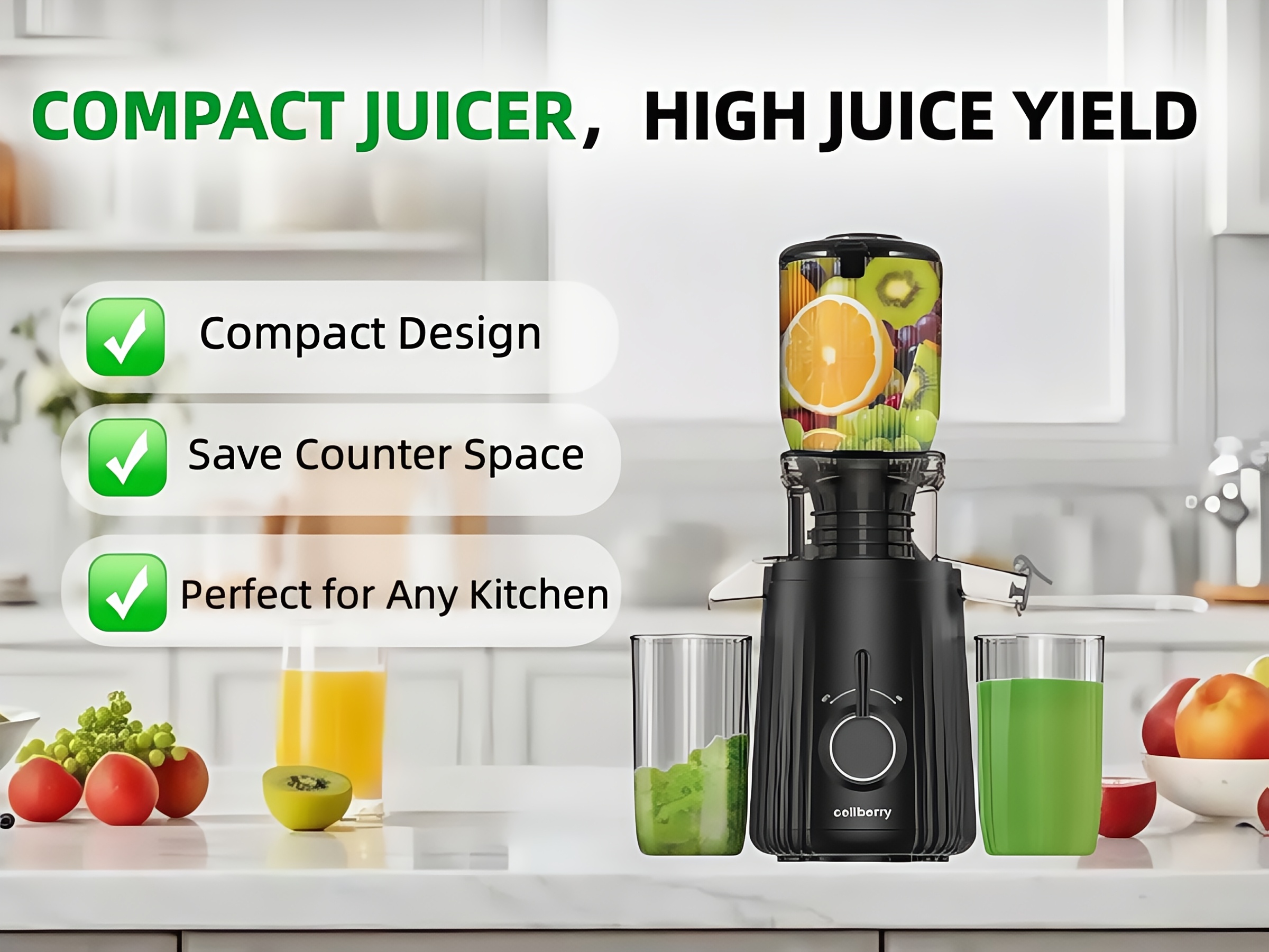 Celiberry Cold-Pressed Juicer, Slow-speed Masticating Juicer, Features a 4.25-inch Wide Feed Chute with Automatic Feeding Design Suitable for Whole Fruits and Vegetables. Achieves up to 98% Juice Extraction, Operates Quietly and Is Easy to Clean.