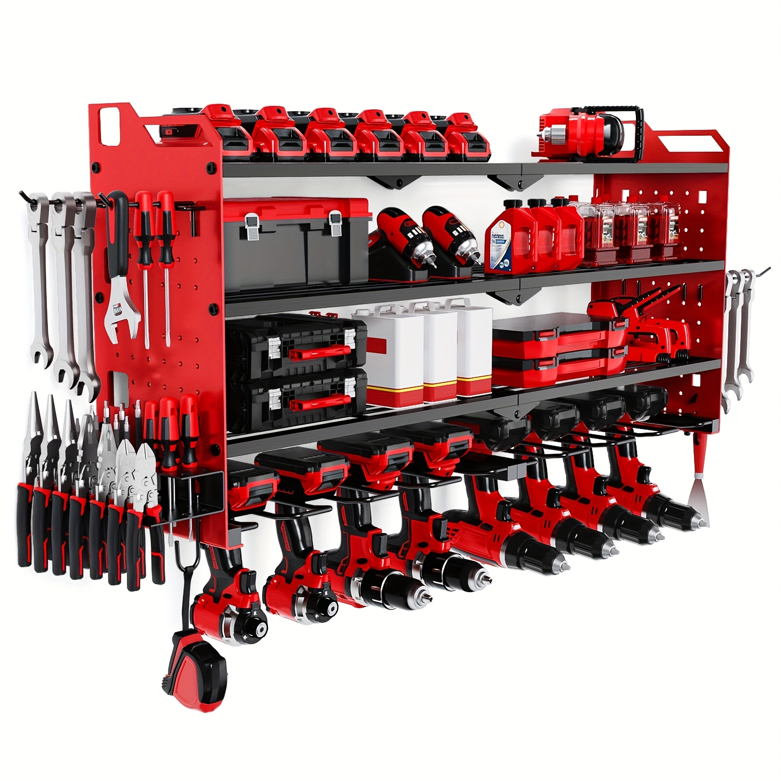 TEMU Heavy-duty Metal 4-tier Wall-mounted Power Tool Organizer With 8 Cordless Drill Slots, Screw Holder & Hooks - Garage Tool Storage Shelf,