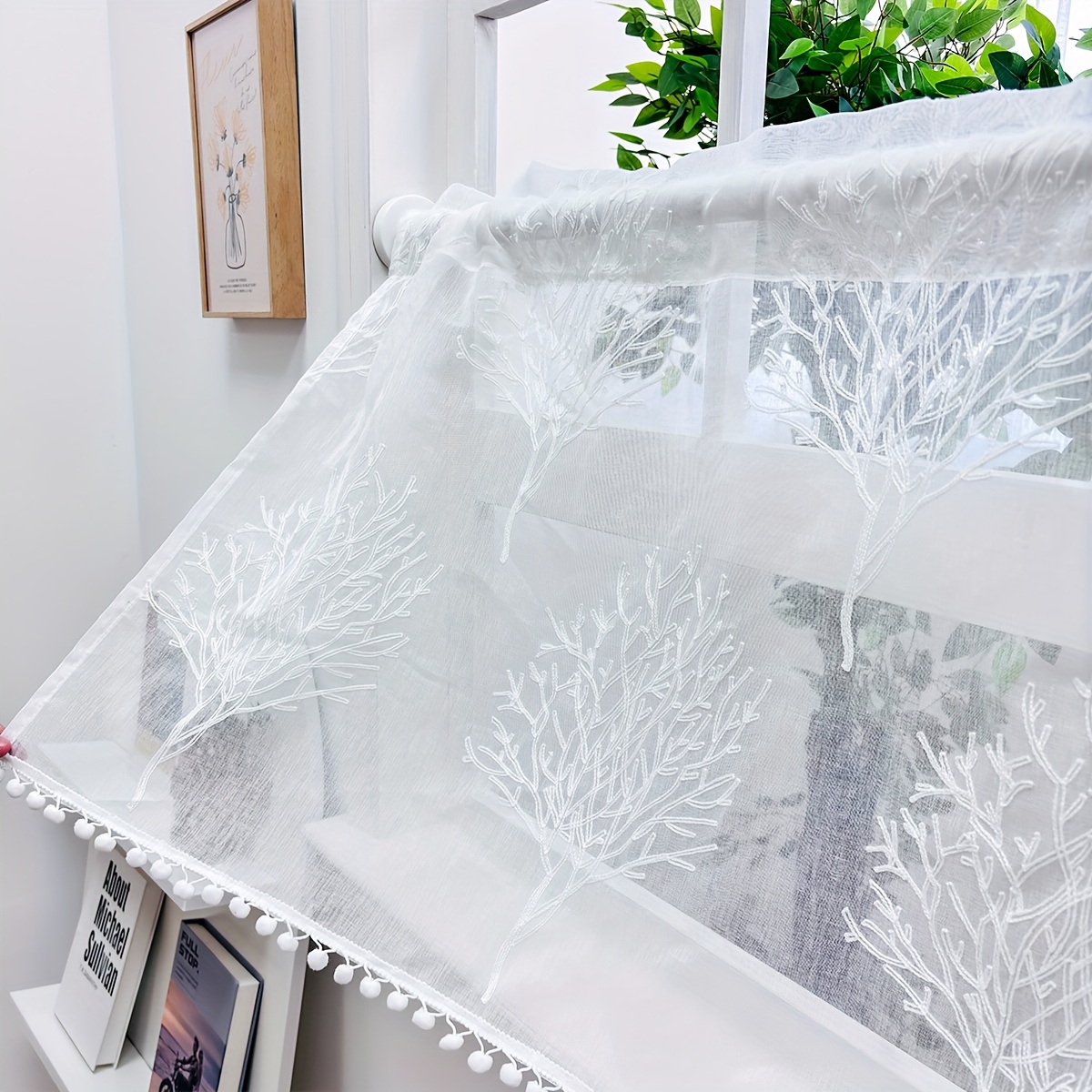 Image of 1pc Embroidered Coral Tree White Sheer Curtain With Rod For Easy Hanging, Perfect For Canteen & Living Room & Bedroom Decor Curtains For Living Room Curtains For Bedroom, Festival Decoration, No Rod