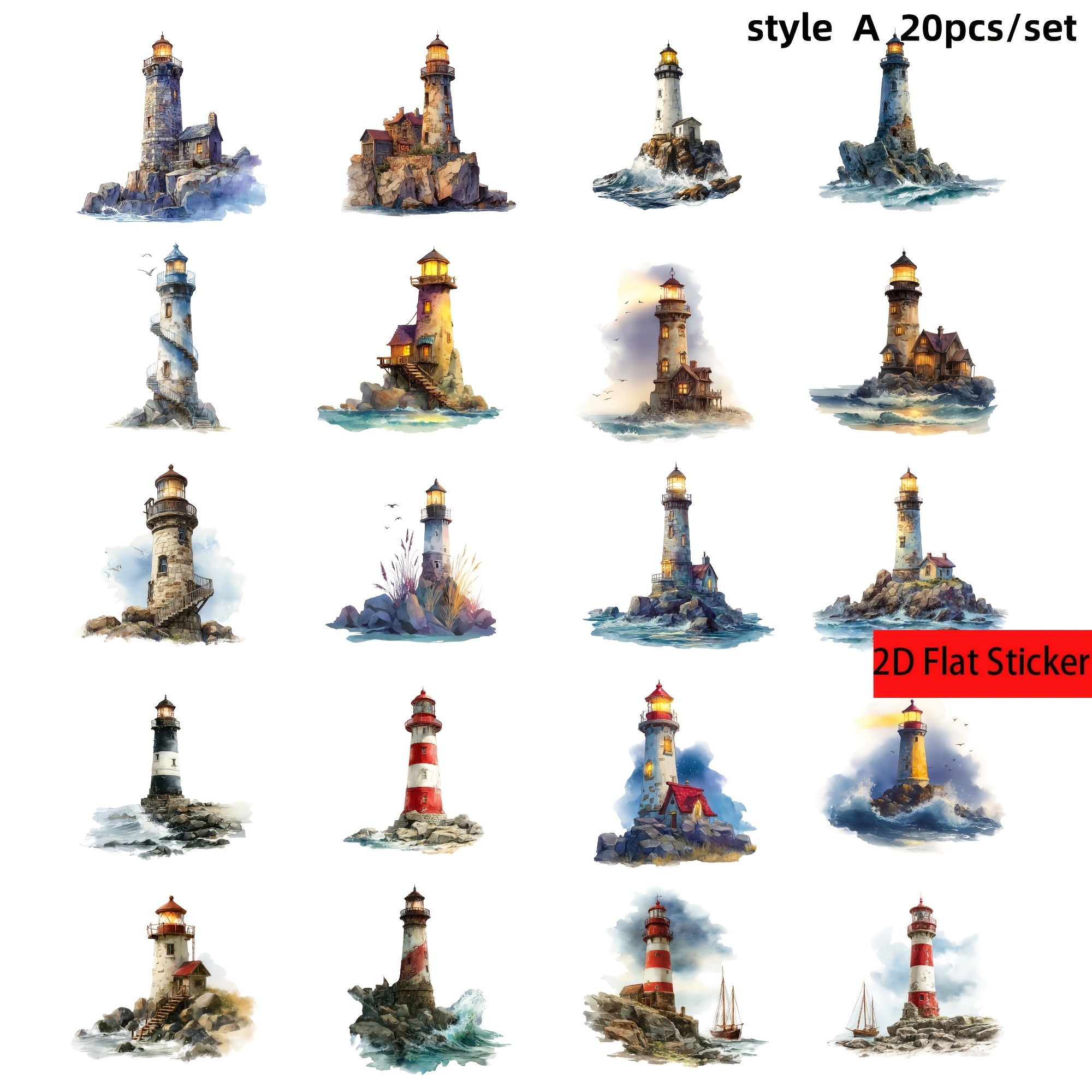20pcs/set Vintage Ocean Lighthouse Series Handmade Sticker Decals, 2d Flat