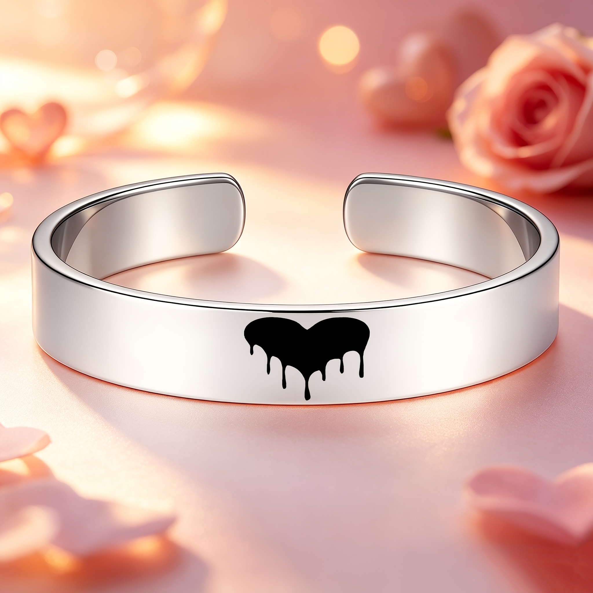 Ink-drip Heart-pattern Stainless Steel Open Bangle Bracelet