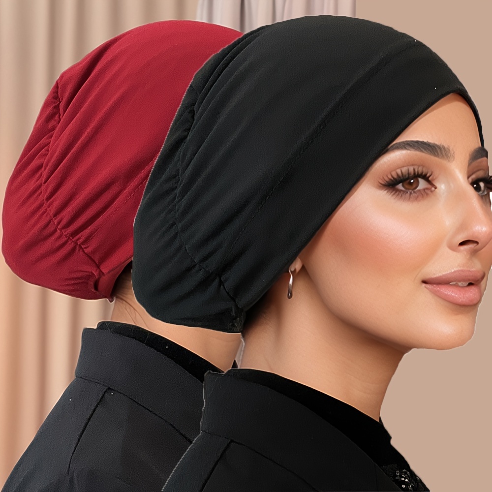 2pcs/Set Solid Color Muslim Headscarf with Closed Back Cap