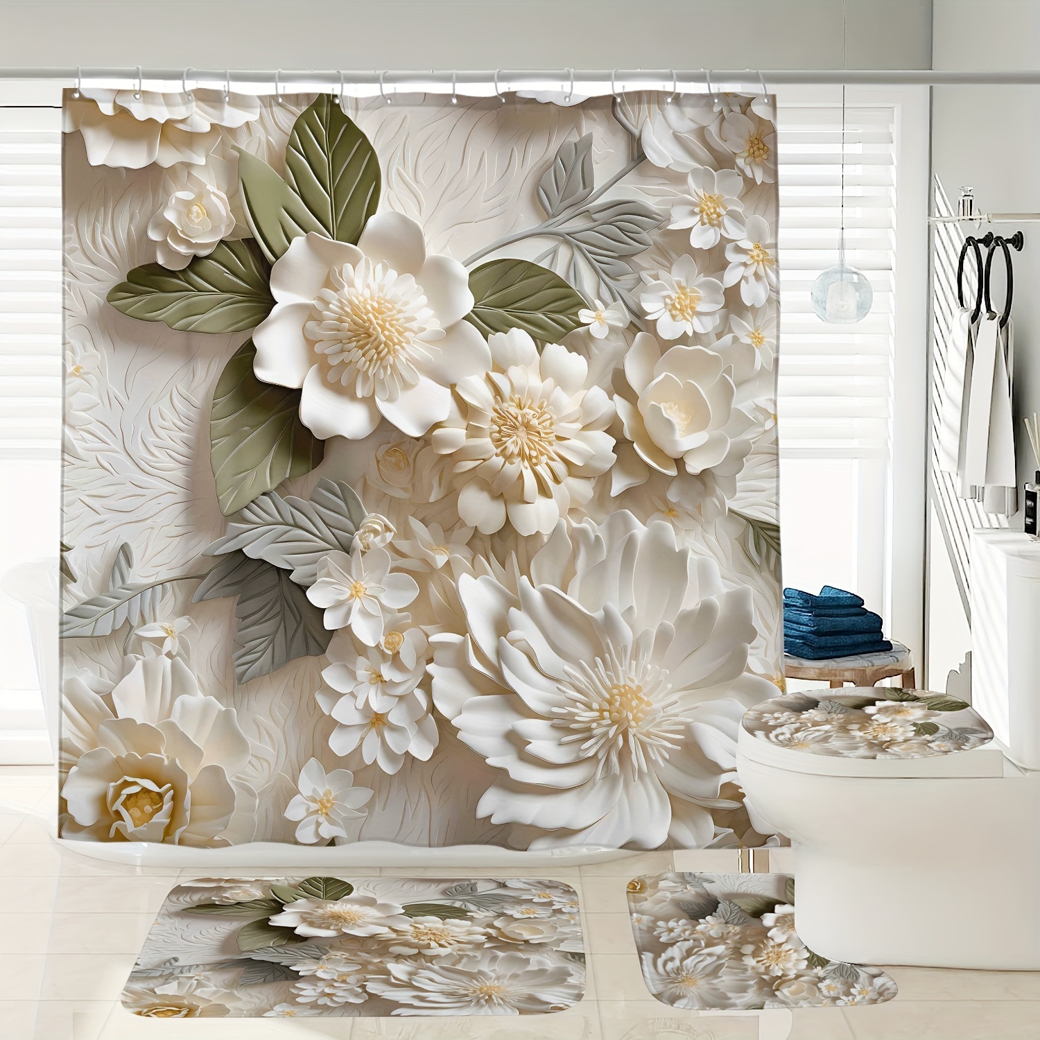 

1/3/4pcs Three-dimensional Flower Printed Shower Curtain Set, Shower Curtain With 12 Hooks, Non-slip Bathroom Rug, Toilet U-shape Mat, Toilet Lid Cover Pad, Bathroom Decor