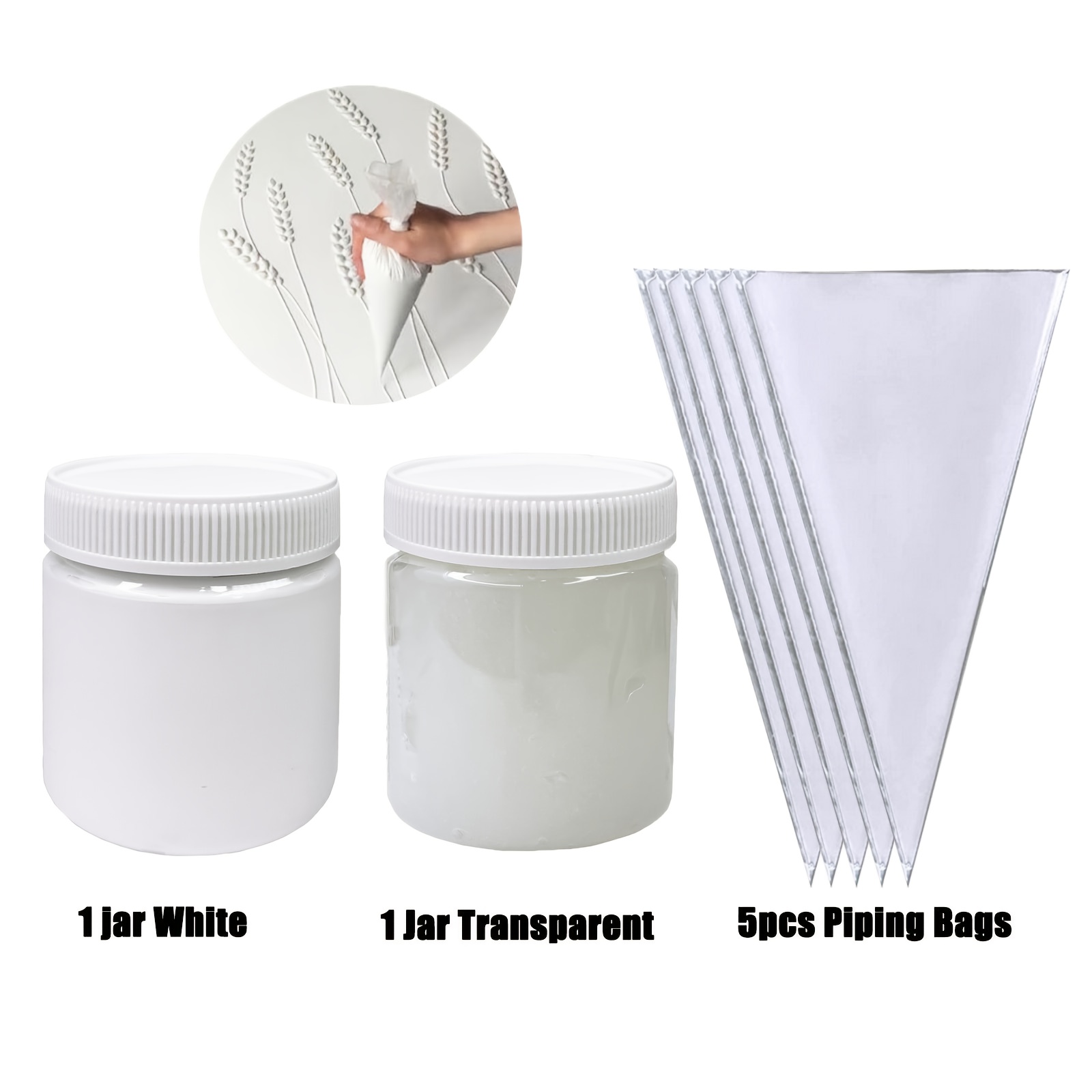 TEMU 7pcs/set Molding Paste Set 2 Jars 300g White/ Transparenttexture Paste With 5pcs Plactic Piping Bags Textured Oil Painting 3d Texture Sculptures