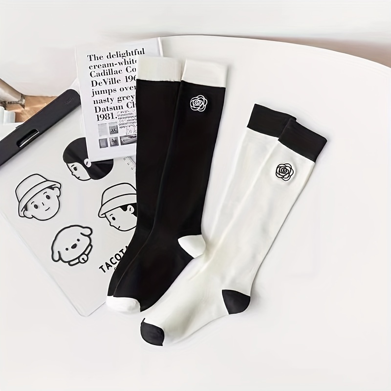 

2 Pairs Camellia Calf Socks, College Style Simple Knee High Socks, Women's Stockings & Hosiery For Fall & Winter