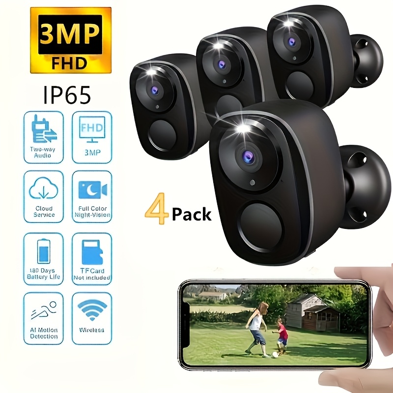4 Pack black Security Cameras Wireless Outdoor/Indoor, 2MP Battery Powered 2.4Ghz WiFi Camera for Home Security with, SD/ Free Cloud Storage, AI Motion Detection, Color Night Vision, 2-Way Audio