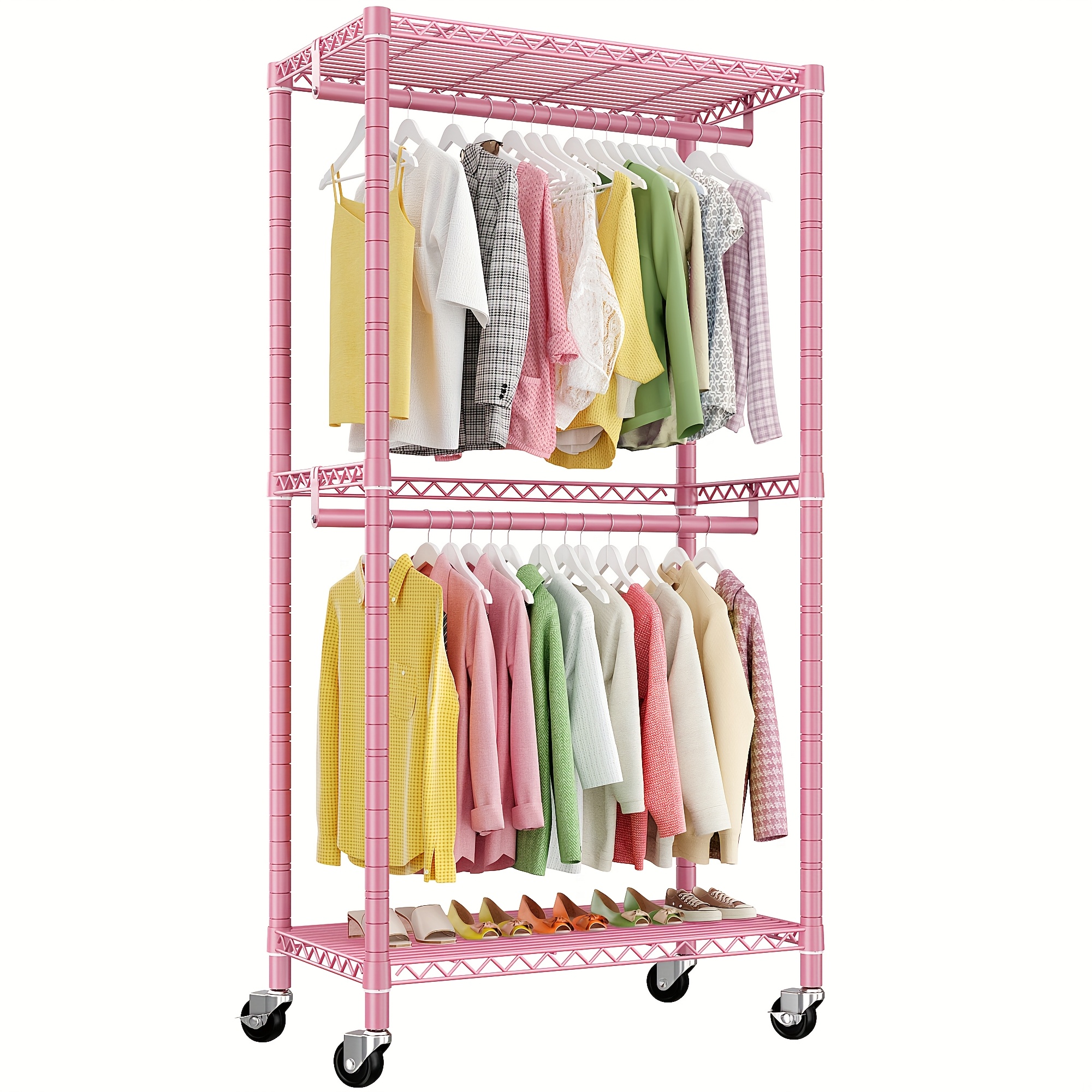 

Clothes Rack 79''h Heavy Duty Clothing Rack With Wheels Adjustable Clothing Racks For Hanging Clothes Portable Rolling Clothes Rack Metal Garment Rack 79" H X35.5 W X15.7 D, Pink