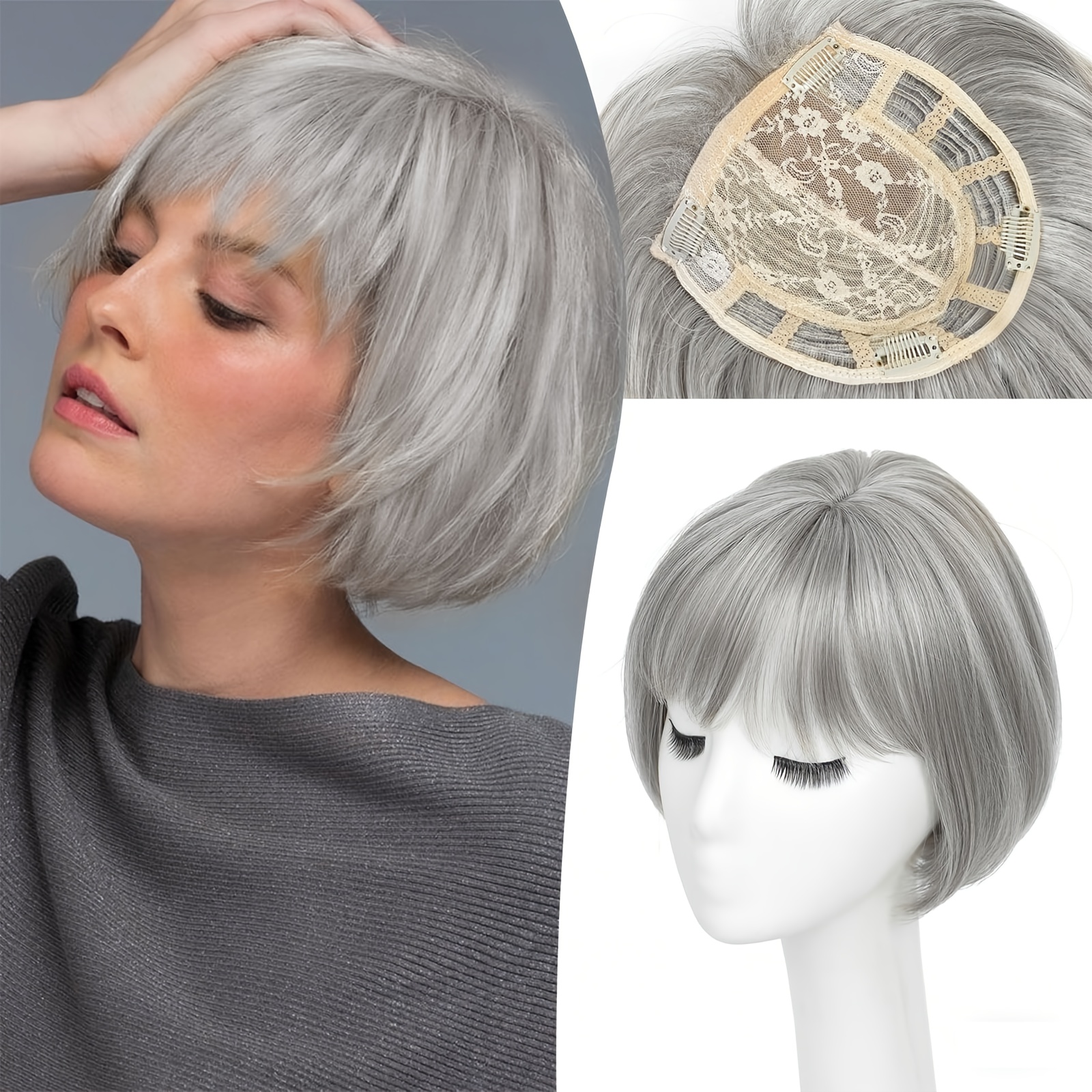 Synthetic Hair Topper with Bangs Short Bob Clip-In for Thinning Hair Amazon.com : UDU Short Bob Hair Topper for Women with  main image 4