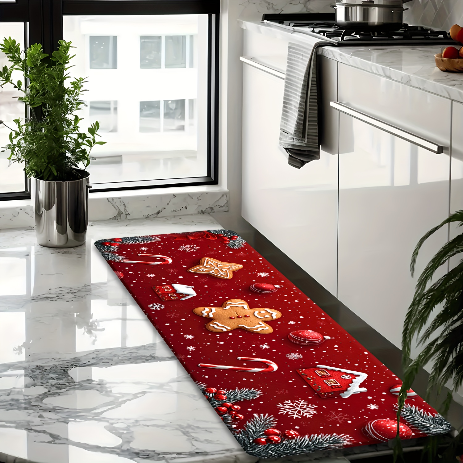 TEMU 1pc Flannel Material Non-slip Mat, Merry Christmas Gingerbread Man Candy Cane Kitchen Rug, Machine Washable And , Suitable For Corridors, Living