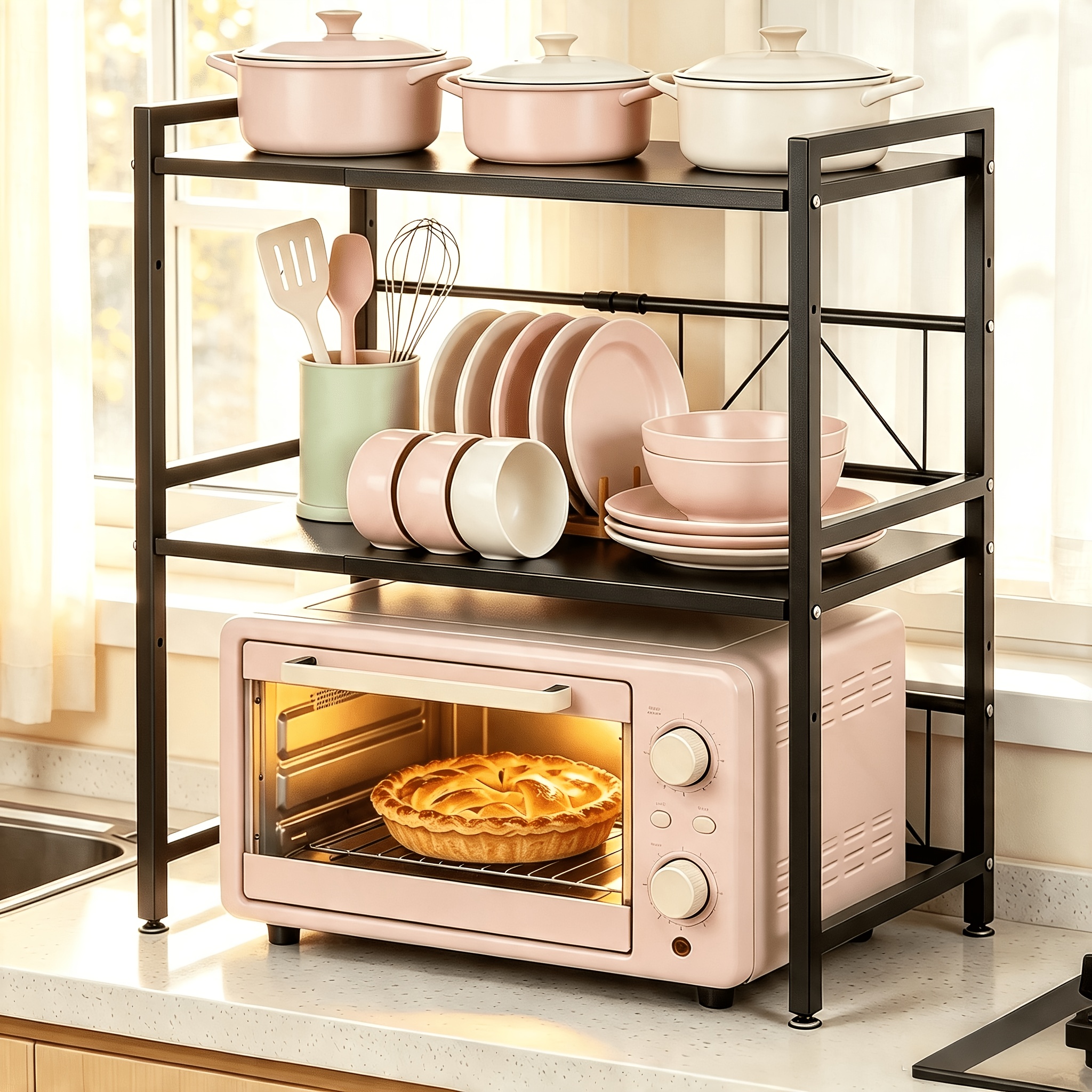 Image of 2-layer Adjustable Kitchen Utility Racks With 6 Hooks, Adjustable Length 42-64cm, Adjustable Height Between Layers, Heavy-duty Oven Rack, Utility Racks