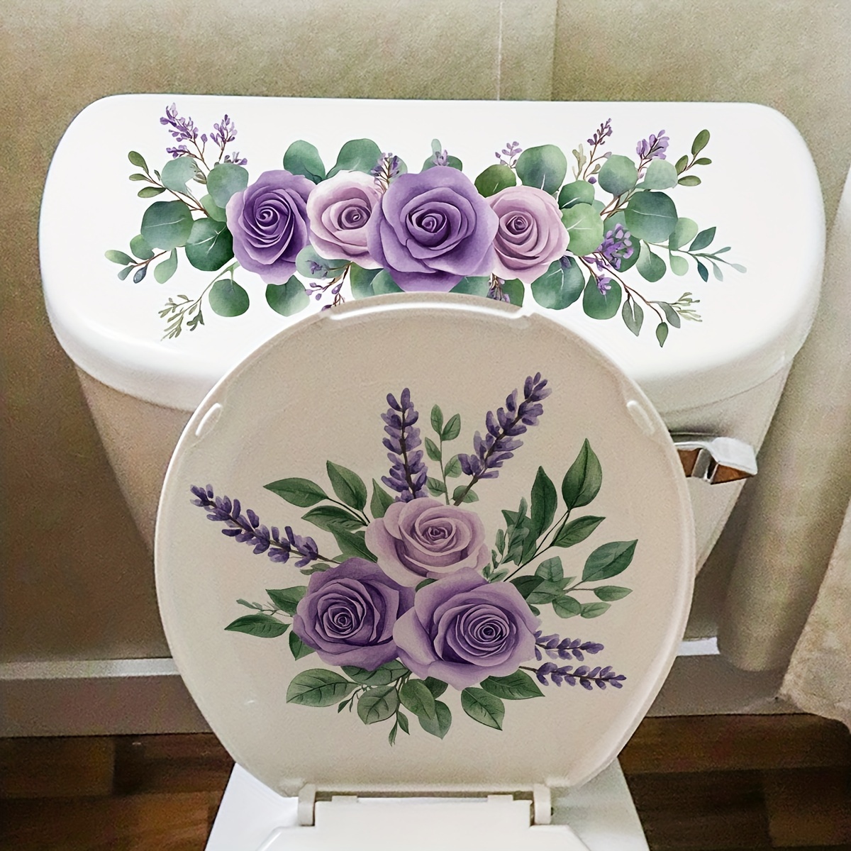 

Elegant Purple Floral Toilet Decal - Easy , Waterproof, Removable Bathroom Accent For , Toilet Stickers, Bathroom Decor