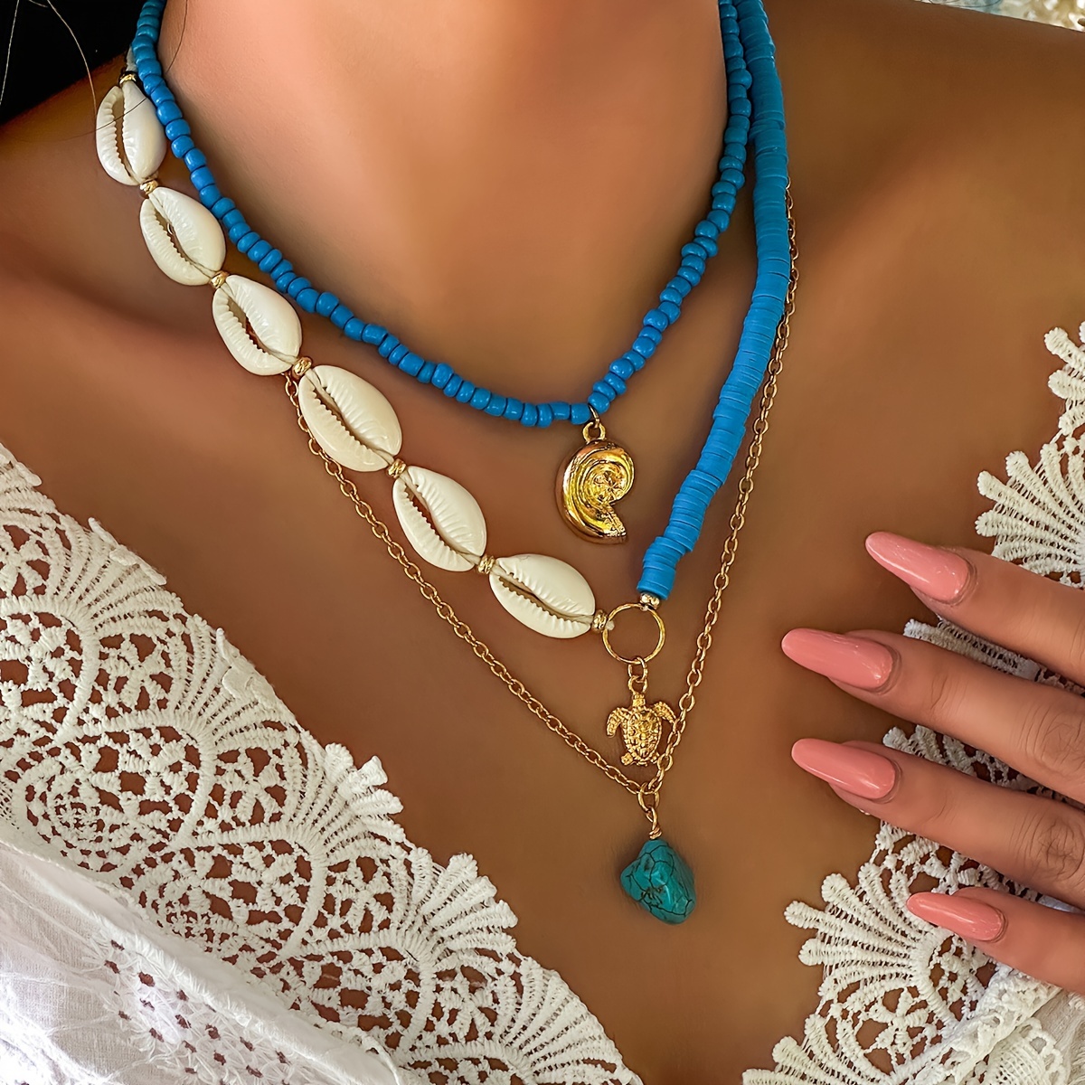 

Boho-chic 3-piece Ocean-inspired Turtle & Turquoise Pendant Necklace Set With Natural Shell Beads - Perfect For Everyday Wear Or Parties