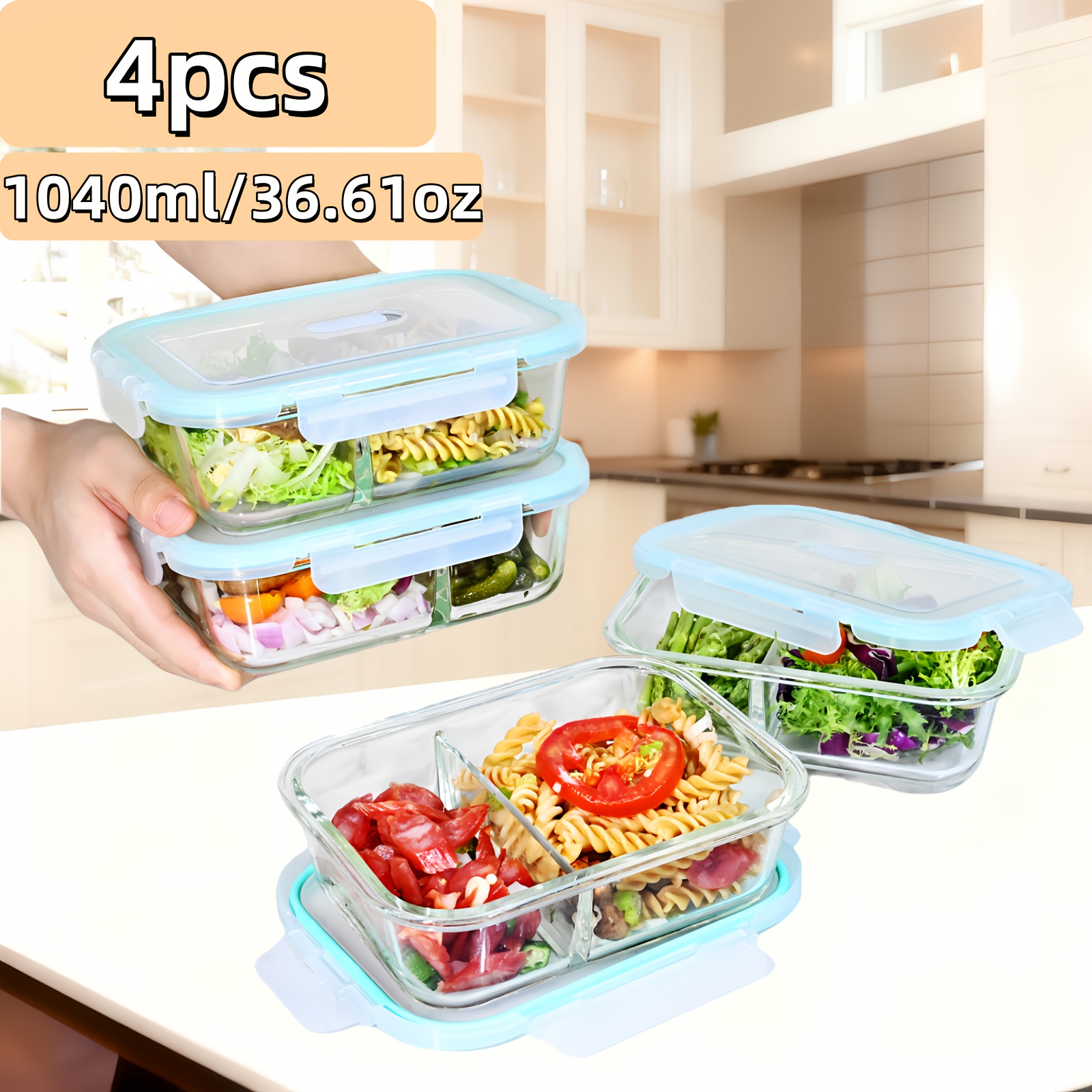 TEMU Saeiv 4pcs Glass Food Storage Set, Divided Food Storage Containers, 1040ml, Glass Containers With Lids