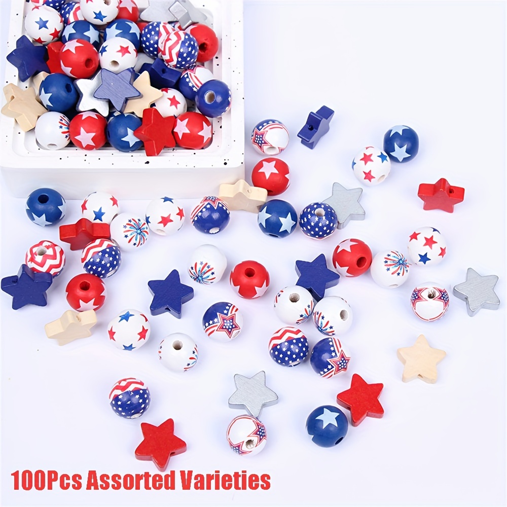 

100pcs Independence Day Wooden Beads, 16mm Round Wooden Beads With Holes, Blue White And Stripes Pattern Loose Beads For Diy Bracelet Necklace Jewelry Making