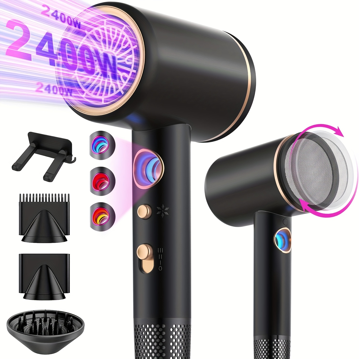 Image of Professional Hair Dryer 2400w With Ac Motor, Fast, 3 Heat And Settings, Hot/cold Button, Travel Diffuser Included