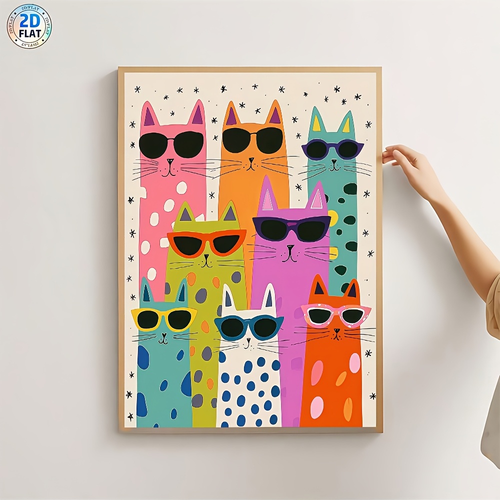 TEMU 2D Plat, 2D Plat, 2D Plat 2D/PLAT - Cadre - Emballage Tube Rigid pour 1 Chat Coloré, Chat Amusant et Cool - Affiche Imprimée sur Toile sur le