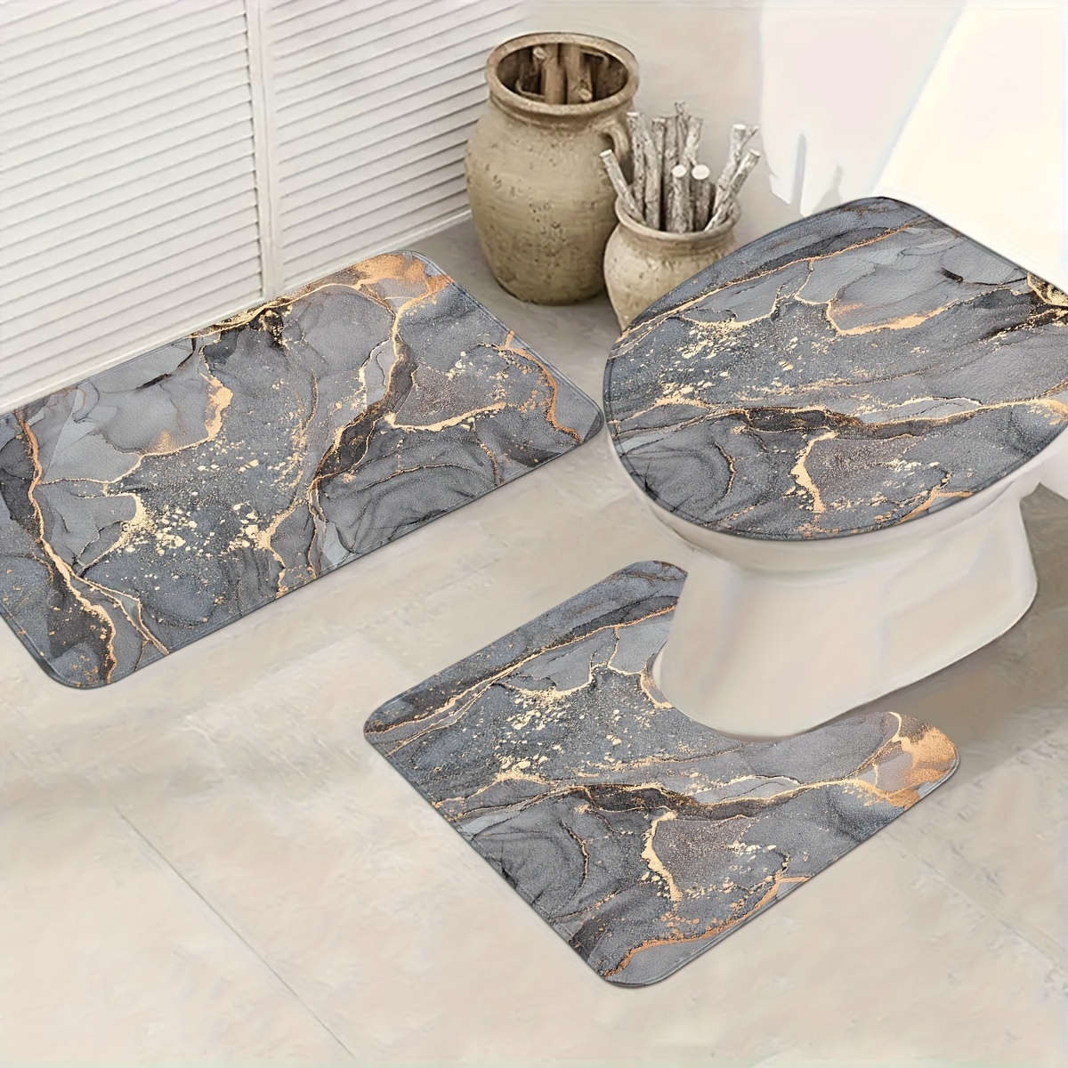 Image of Shower Curtain 3pcs Set Easy Abstract Leaf Toilet Seat U-shaped Pad, Toilet Lid Mat And Rug, Bathroom Decor, Bathroom Additions, Bathroom Rug, Toilet Seat U-shaped Pad-