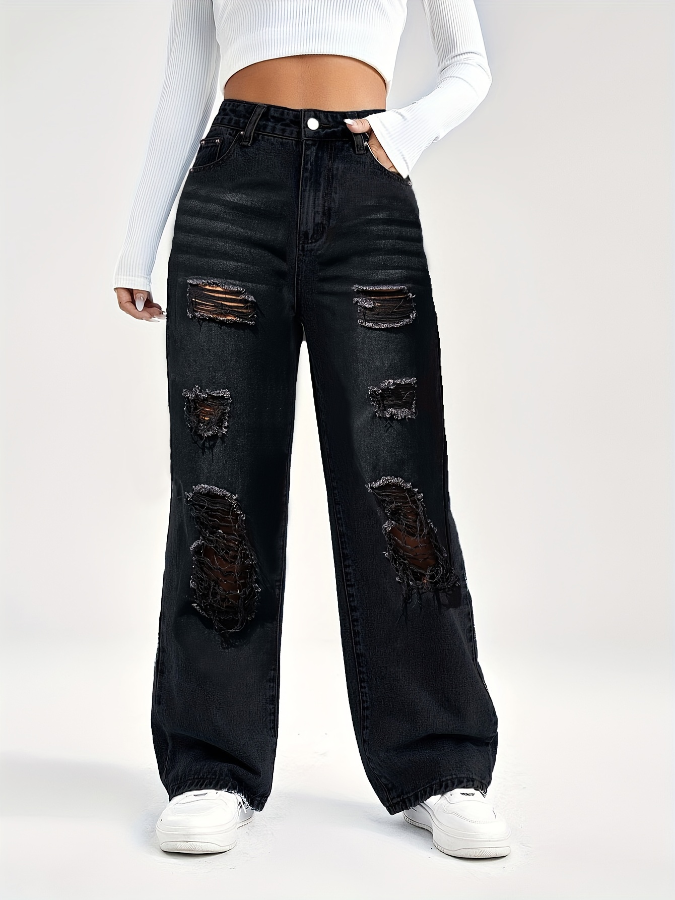 Posijego Womens Wide Legs Jeans Ripped High Waisted Pull On Denim Pants  Baggy Straight Jeans with Pockets