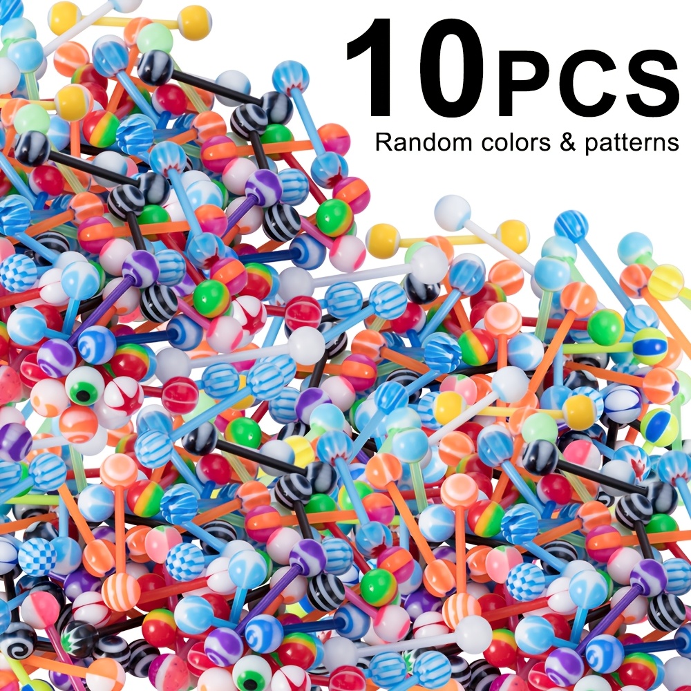 TEMU 10/30/60pcs Flexible Tongue Rings Acrylic Multi Color Tongue Piercing Barbells Random Color & Patterns Body Piercing Jewelry 14 Gauge