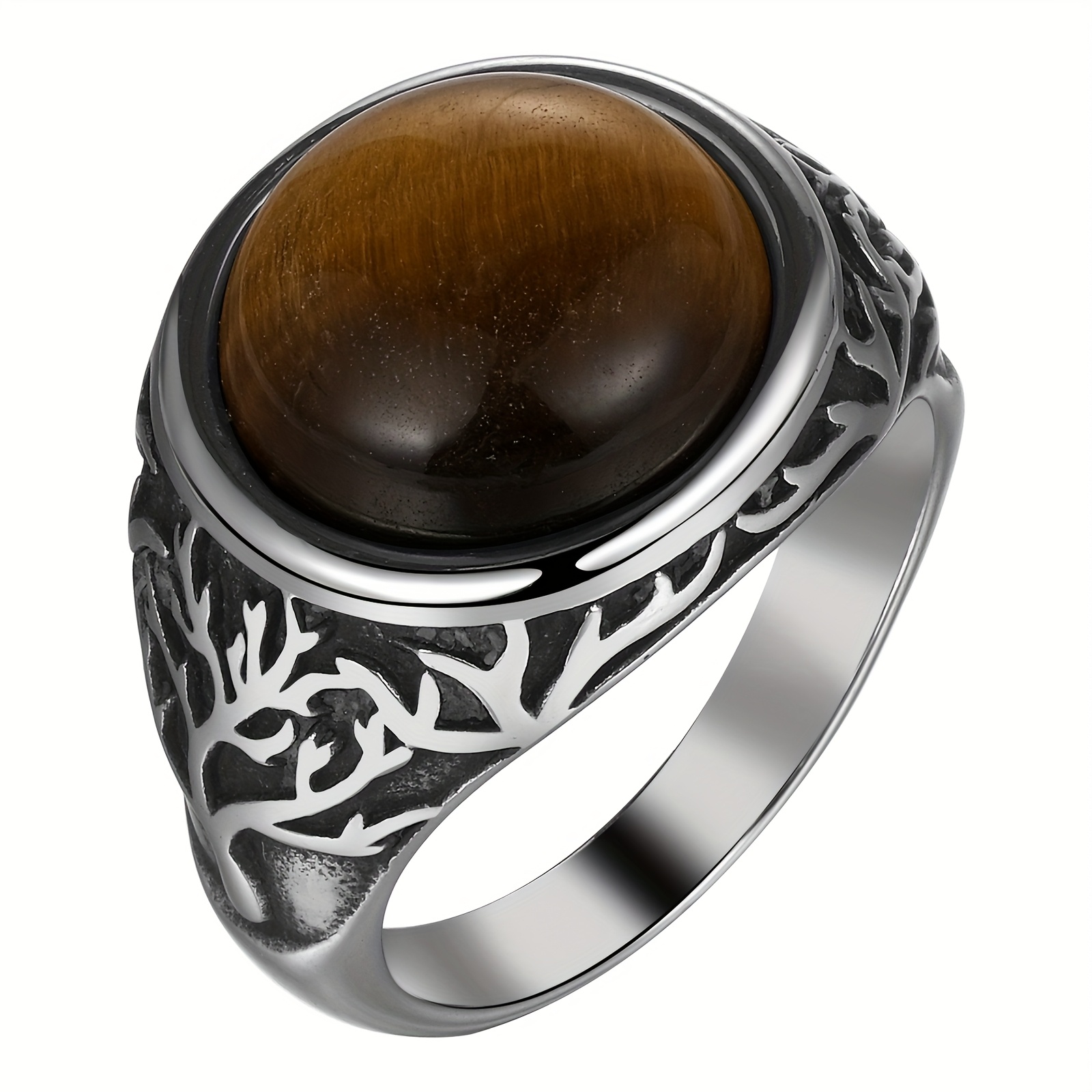Image of Men's Natural Tiger Eye Ring Carved Tree Of Exquisite Ring Ring, Vintage Gothic Stainless Steel Wedding Ring, Valentine's Day Gift Anniversary Gift Ring, Size 7-12