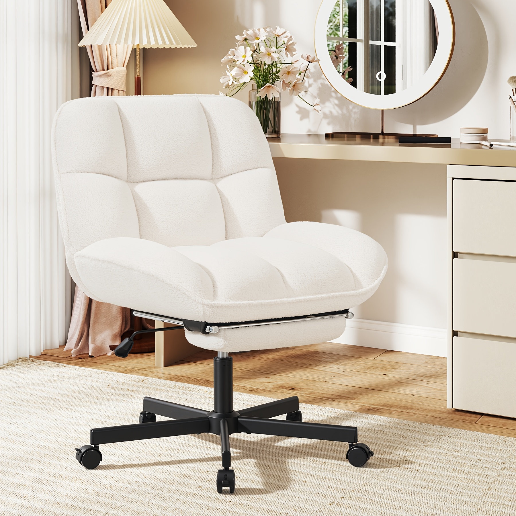 Vanity Chair with Footrest, Teddy Fleece Vanity Chair, Height Adjustable Swivel Desk Chair, 90°-120° Recline, with Wheels, for Bedroom, Home Office, Makeup