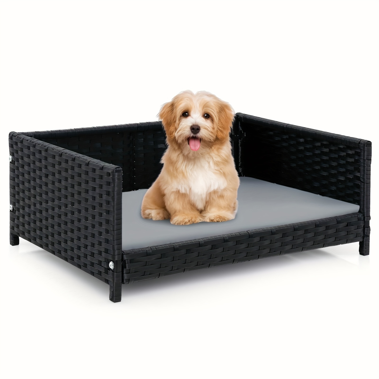 

Rattan Dog Bed W/ Waterproof Soft Cushion Metal Frame For Medium Small Dogs Cats