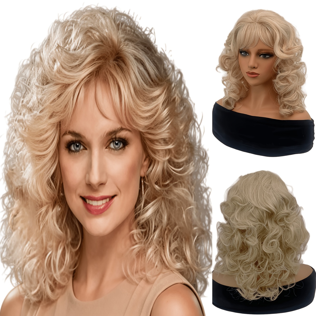Image of Women' Curly Wig With Bangs - Heat Resistant Synthetic Fiber Wig Suitable For , Retro For Daily Wear, Cosplay, Halloween & Party Costume, Volume & Suitable For Hairstyles