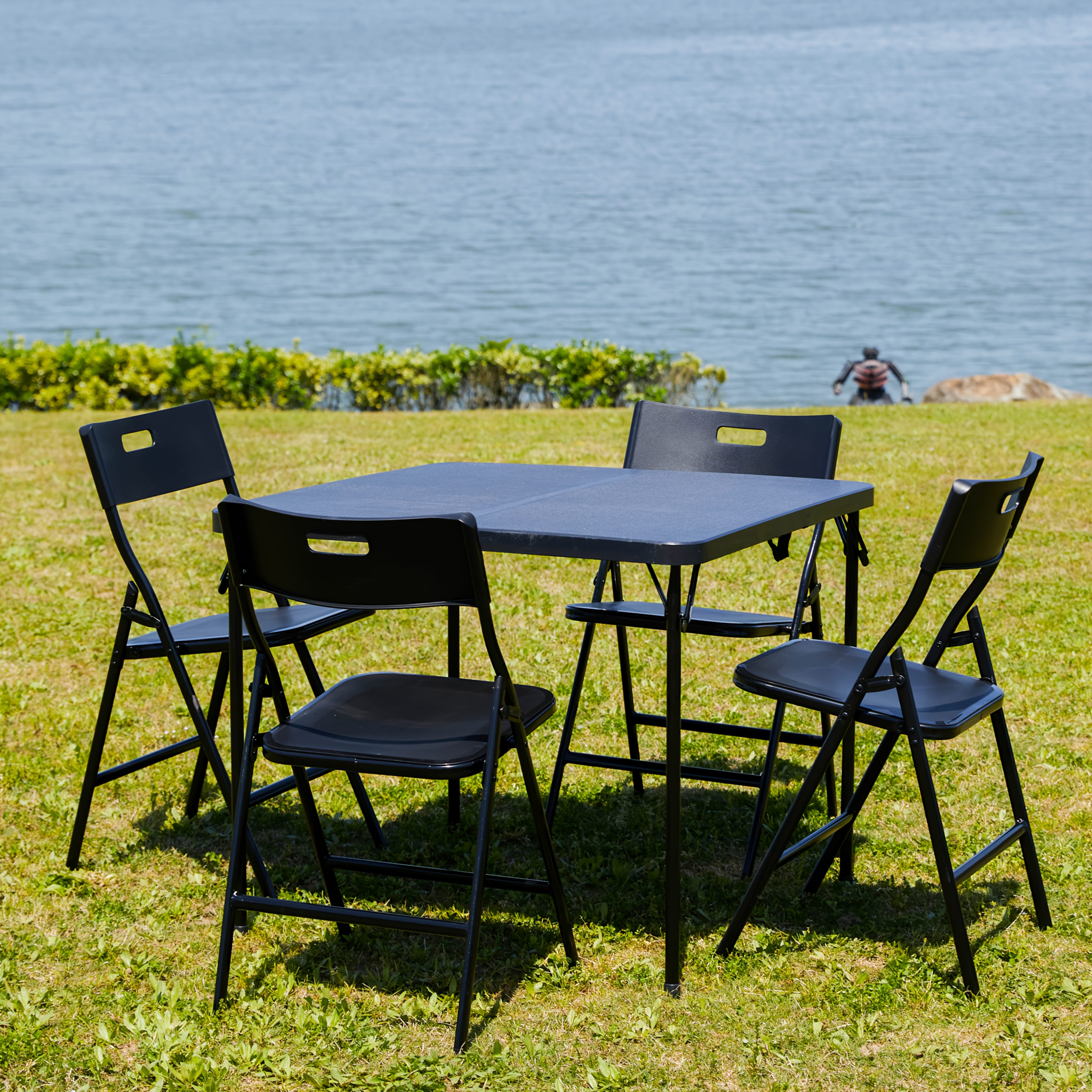 5pcs Card Table And Chairs, Portable And Foldable, 34-inch Plastic Folding Dining Table with Chairs Set Of 4 for Outdoor, Parties, Events, Picnic, Camping, And Game, Black