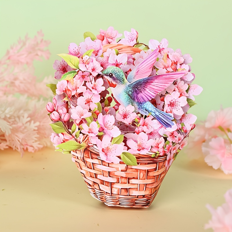 

1pc 3d Cherry Basket With Hummingbird Pop-up Card, Love-themed Paper Craft, Valentine's Day, Day, Anniversaries, And , Unique Gift For Girlfriend, Mom, Women, Family