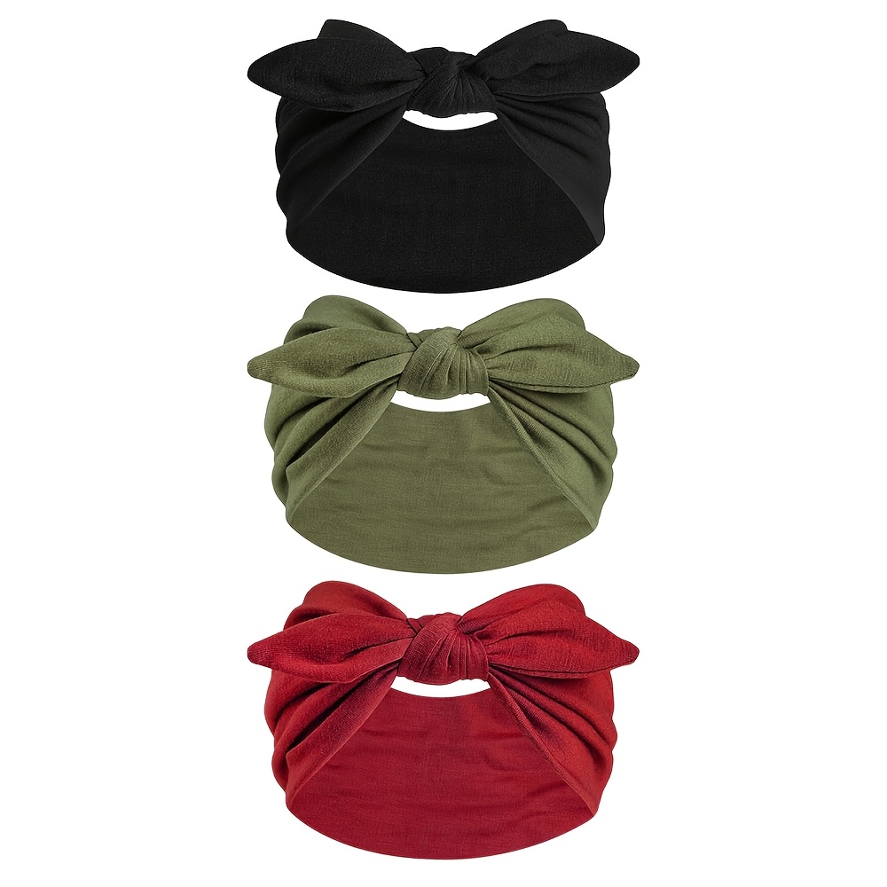 TEMU 3pcs Boho Unisex Thick Non-slip Headbands, Soft Stretchy Wide Hair Bands With Rabbit-ear Bow Knotted Design, Women Hair Additions For Makeup