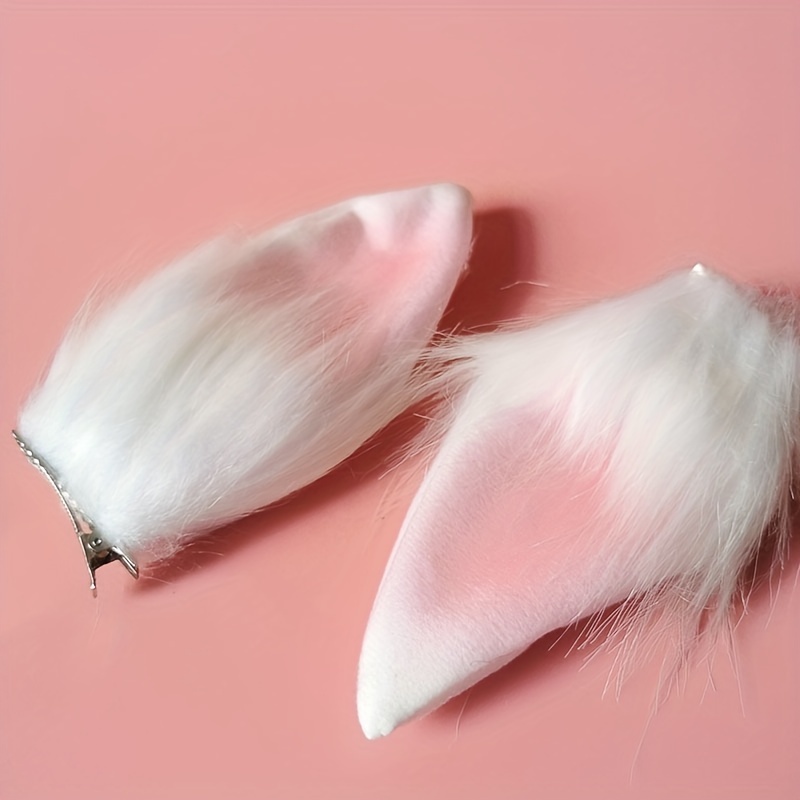 Pink & White Plush Bunny Ears Hair Clips - Soft Fluffy Cat-like or Ears with Pastel Pink & White Furry Tips, Easter Costume for,, Themed Parties (No Glue/Spray Needed)