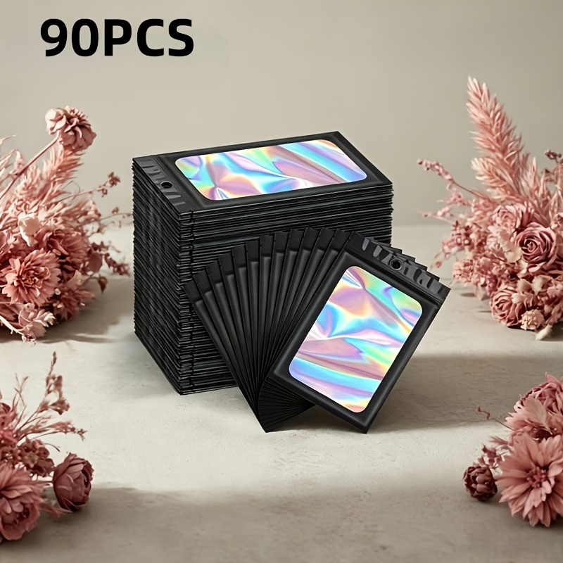TEMU 90pcs Black Holographic Odorless Zipper Bag, Transparent Reusable Sealed Foil Bag, Suitable For Lip Glaze, Jewelry, Eyelashes, Gifts For