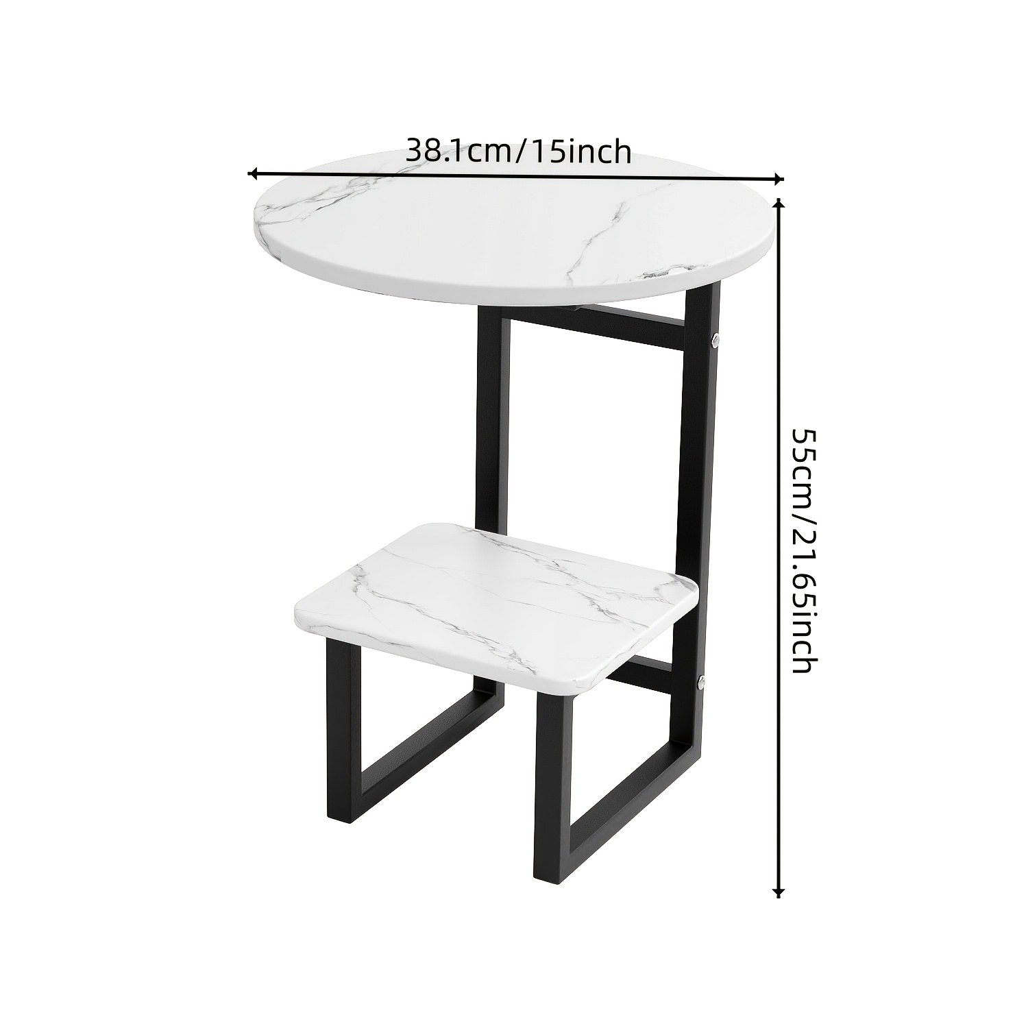 [Outdoor Round Side Table] Outdoor Round Side Table With Double-Layer Storage Shelf, MarbleTexture Imitation Stone Courtyard End Table, Sturdy Black Metal Frame, Weather-Resistant Side Table Is Suitable For Balcony Coffee Corner, Small Space Courtyard/Terrace/Balcony Furnitur